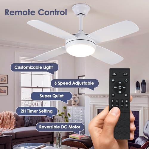 Asyko 42" Ceiling Fans with Lights, White Modern Ceiling Fan with Remote and APP Control, 6 Speed and Memory Function, Low Profile Ceiling Fan Light for Bedroom, Living Room, Dinning Room…