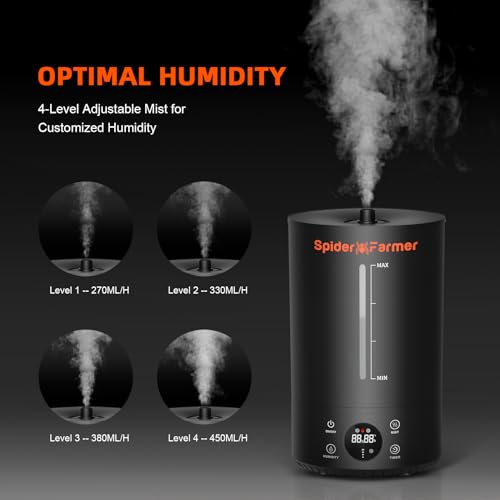 Spider Farmer 3-in-1 6L Plant Humidifier Indoor with Timer & Hose Cool Mist Ultrasonic Grow Tent Humidifiers Large Room with Temperature & Humidity Probe for Mushroom Greenhouse Bedroom Top Fill Black