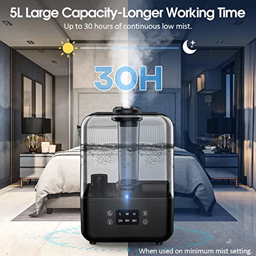 Humidifiers for Bedroom, Ultrasonic 5L Top Fill Humidifiers for Large Room Baby Home with 360° Rotation Nozzle, 3 Mist Levels, Auto Shut-Off, Timer, Essential Oil Diffuser, 30H Work Time, Quiet Black