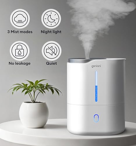 GENIANI Ultrasonic Cool Mist Humidifier for Bedroom, Large Rooms, Home, 4L - Easy Fill & Clean Humidifier for Plants w/Auto Shut-off, 40H Runtime - Quiet, Top Fill Air Humidifier