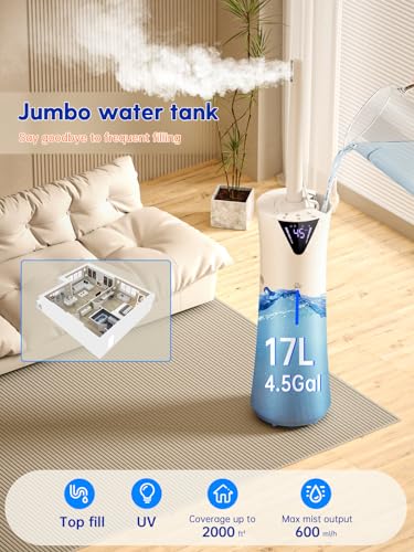 MONISEN Humidifier Large Room for 2000 sq ft, 17L/4.5Gal Humidifiers for Bedroom with Smart App & Remote Control, Ultrasonic Cool Mist Large Humidifiers for Home with Essential Oil Box, 3 Speed