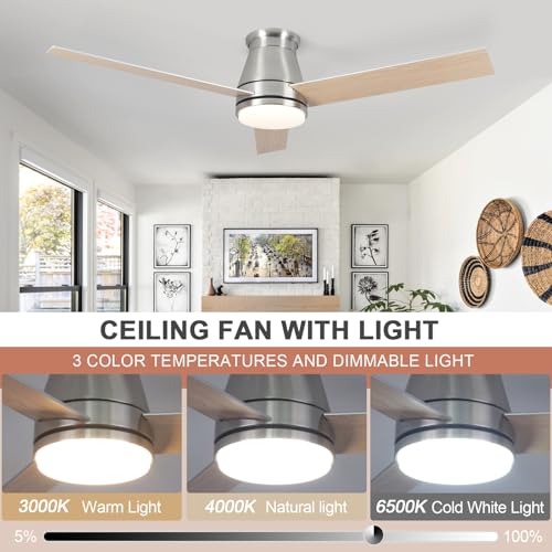 Viossn 52-Inch Flush Mount Ceiling Fan,Low Profile Ceiling Fan With Light,6-Speed With Remote/App,Smart Ceiling Fan,Dimmable. Modern Brushed Nickel Ceiling Fan For Patios,Bedroom,Living Room