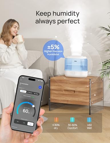 Dreo Smart Humidifiers for Bedroom, Quiet (4L Water Tank) Superrsized Cool Mist Essential Oil Diffuser with Night Light, Auto-Shut Off, Humidifiers for Babies Nursery & Plant & Whole House,Blue
