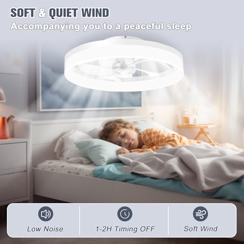 VOLISUN Low Profile Ceiling Fans with Lights and Remote, 19.7in Fandelier Ceiling Fan Flush Mount, 3000K-6500K Smart Bladeless LED Fan Light, White Modern Ceiling Fans with Lights for Bedroom
