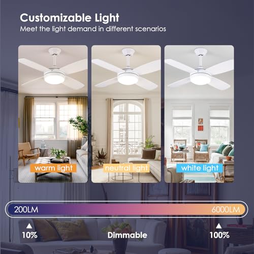 Asyko 42" Ceiling Fans with Lights, White Modern Ceiling Fan with Remote and APP Control, 6 Speed and Memory Function, Low Profile Ceiling Fan Light for Bedroom, Living Room, Dinning Room…