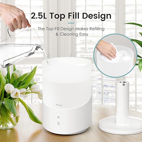 Pharata Smart Humidifiers for bedroom, 2.5L Cool Mist Essential Oil Diffuser, Top fill humidifier for Baby & Plant, Quiet Operation, for Home and Large Room, White