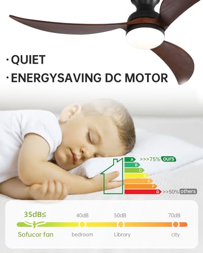 CACI Mall 52" Flush Mount Ceiling Fan with Lights Remote Control, Smart Wifi Low Profile Ceiling Fan 3 Solid Wood Blades, Noiseless Reversible DC Motor Dimmable LED 5182 CFM for Kitchen, Porch, Patio