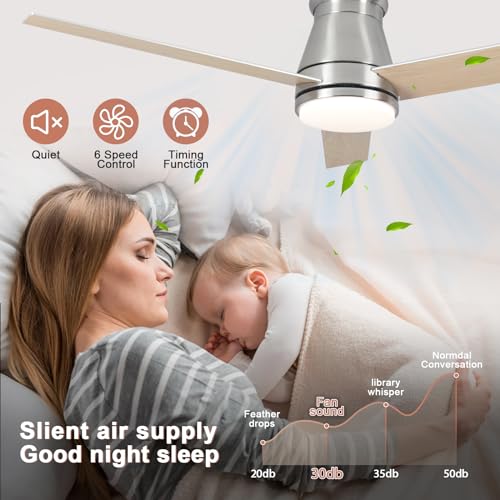 Viossn 52-Inch Flush Mount Ceiling Fan,Low Profile Ceiling Fan With Light,6-Speed With Remote/App,Smart Ceiling Fan,Dimmable. Modern Brushed Nickel Ceiling Fan For Patios,Bedroom,Living Room