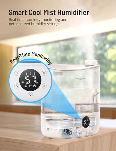 6L Smart Humidifiers for Bedroom Large Room Home, Cool Mist Humidifier, Top Fill Quiet Humidifier for Baby and Plants, App Control, Essential Oil Diffuser Nightlight, 753ft² Coverage, White