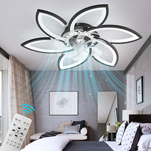 30" Modern Ceiling Fan with Lights Remote Control, Low Profile Ceiling Fan with Lights, Flush Mount Smart Ceiling Fan Light for Bedroom Living Room Kitchen, Reversible Blade, Black