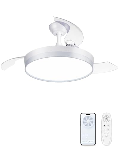Newday Retractable Ceiling Fan, 42 Inch Smart Ceiling Fans with Lights and APP Remote Control, Modern Ceiling Fan for Bedroom Living Room, Quiet DC Motor 6 Speed