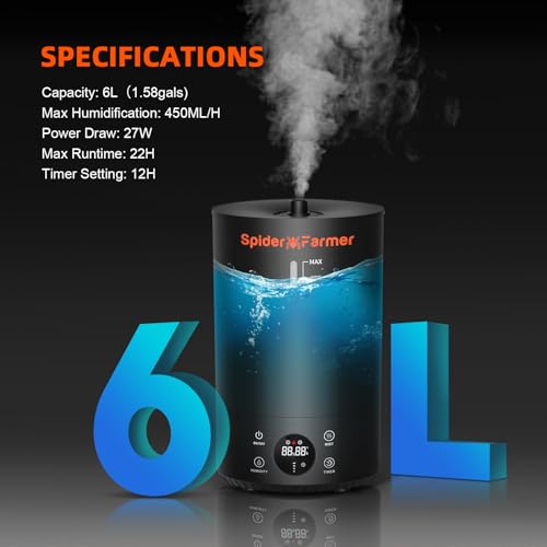Spider Farmer 3-in-1 6L Plant Humidifier Indoor with Timer & Hose Cool Mist Ultrasonic Grow Tent Humidifiers Large Room with Temperature & Humidity Probe for Mushroom Greenhouse Bedroom Top Fill Black