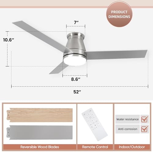 Viossn 52-Inch Flush Mount Ceiling Fan,Low Profile Ceiling Fan With Light,6-Speed With Remote/App,Smart Ceiling Fan,Dimmable. Modern Brushed Nickel Ceiling Fan For Patios,Bedroom,Living Room