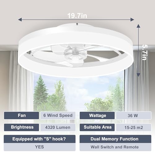 VOLISUN Low Profile Ceiling Fans with Lights and Remote, 19.7in Fandelier Ceiling Fan Flush Mount, 3000K-6500K Smart Bladeless LED Fan Light, White Modern Ceiling Fans with Lights for Bedroom