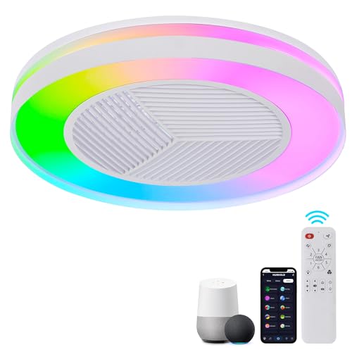 HUMHOLD Smart Low Profile Ceiling Fan with RGB Lights, 20" Bladeless Ceiling Fans with Voice/APP/Remote Control, Dimmable Color Chaning LED-RGB Ceiling Fan for Kids Bedroom Living Room White