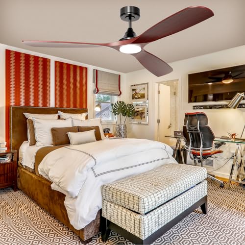 60 Inch Ceiling Fan with Lights, Solid Wood Blades Smart Ceiling Fan with Remote and App Controls, ETL Quiet DC Motor 6 Speed, Timing, High CFM, Dimmable LED Light for Home Office, Black + Red Walnut