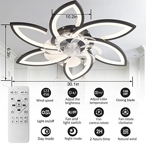 30" Modern Ceiling Fan with Lights Remote Control, Low Profile Ceiling Fan with Lights, Flush Mount Smart Ceiling Fan Light for Bedroom Living Room Kitchen, Reversible Blade, Black
