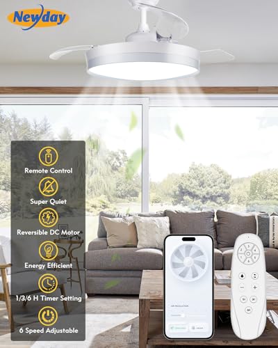 Newday Retractable Ceiling Fan, 42 Inch Smart Ceiling Fans with Lights and APP Remote Control, Modern Ceiling Fan for Bedroom Living Room, Quiet DC Motor 6 Speed