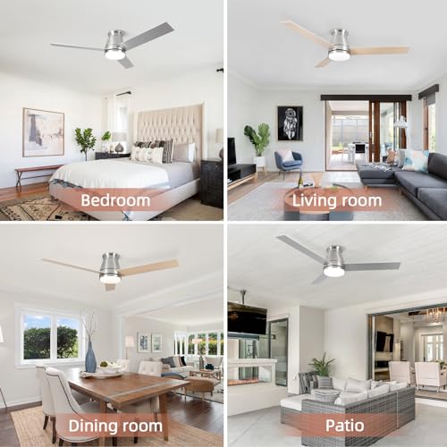 Viossn 52-Inch Flush Mount Ceiling Fan,Low Profile Ceiling Fan With Light,6-Speed With Remote/App,Smart Ceiling Fan,Dimmable. Modern Brushed Nickel Ceiling Fan For Patios,Bedroom,Living Room