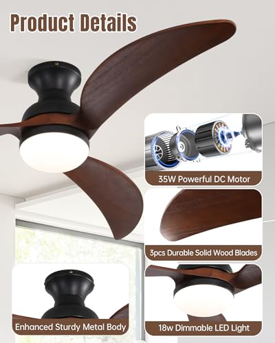 CACI Mall 52" Flush Mount Ceiling Fan with Lights Remote Control, Smart Wifi Low Profile Ceiling Fan 3 Solid Wood Blades, Noiseless Reversible DC Motor Dimmable LED 5182 CFM for Kitchen, Porch, Patio