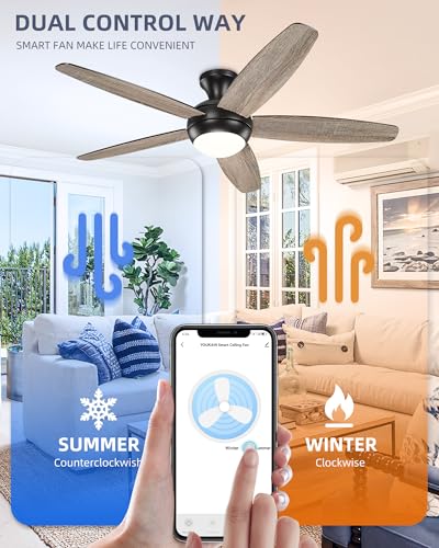 YOUKAIN Low Profile Ceiling Fan With Light, 52 Inch Smart Ceiling Fan With Light, Indoor/Outdoor Black Flush Mount Ceiling Fan With Remote & App Control, 52-YJ236-BKN