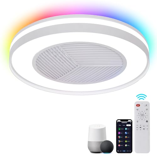 HUMHOLD Smart Low Profile Ceiling Fan with RGB Lights, 20" Bladeless Ceiling Fans with Remote/Voice/APP Control, Dimmable LED Ceiling Fan for Bedroom Living Room White