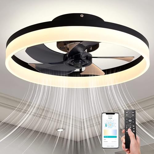 ACFBGFV Modern Ceiling Fans with Lights,20" Dimmable Flush Mount Low Profile Ceiling Fans with Remote Control,Indoor Smart Ceiling Fan with Light for Bedroom(black