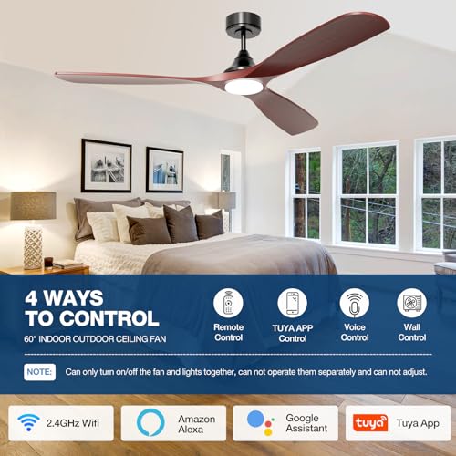 60 Inch Ceiling Fan with Lights, Solid Wood Blades Smart Ceiling Fan with Remote and App Controls, ETL Quiet DC Motor 6 Speed, Timing, High CFM, Dimmable LED Light for Home Office, Black + Red Walnut
