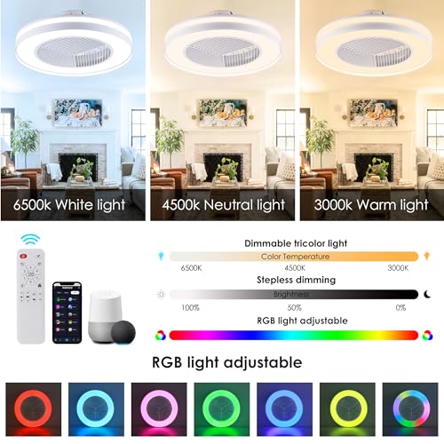 HUMHOLD Smart Low Profile Ceiling Fan with RGB Lights, 20" Bladeless Ceiling Fans with Voice/APP/Remote Control, Dimmable Color Chaning LED-RGB Ceiling Fan for Kids Bedroom Living Room White