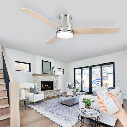 Viossn 52-Inch Flush Mount Ceiling Fan,Low Profile Ceiling Fan With Light,6-Speed With Remote/App,Smart Ceiling Fan,Dimmable. Modern Brushed Nickel Ceiling Fan For Patios,Bedroom,Living Room