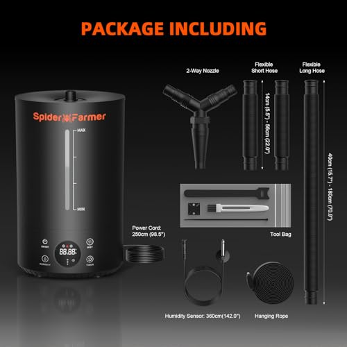 Spider Farmer 3-in-1 6L Plant Humidifier Indoor with Timer & Hose Cool Mist Ultrasonic Grow Tent Humidifiers Large Room with Temperature & Humidity Probe for Mushroom Greenhouse Bedroom Top Fill Black