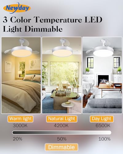 Newday Retractable Ceiling Fan, 42 Inch Smart Ceiling Fans with Lights and APP Remote Control, Modern Ceiling Fan for Bedroom Living Room, Quiet DC Motor 6 Speed