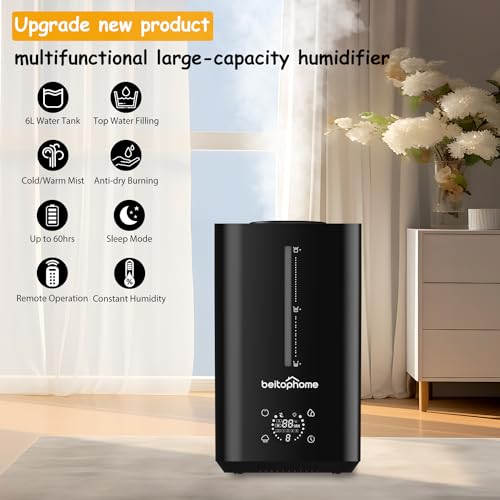 6L Humidifiers for Bedroom Large Room, Cool & Warm Mist Humidifier for Baby and Plants, Top Fill Humidifiers with Remote Control, Smart Humidistat Control, Quiet, Adjustable Mist, 360°Nozzle, Black