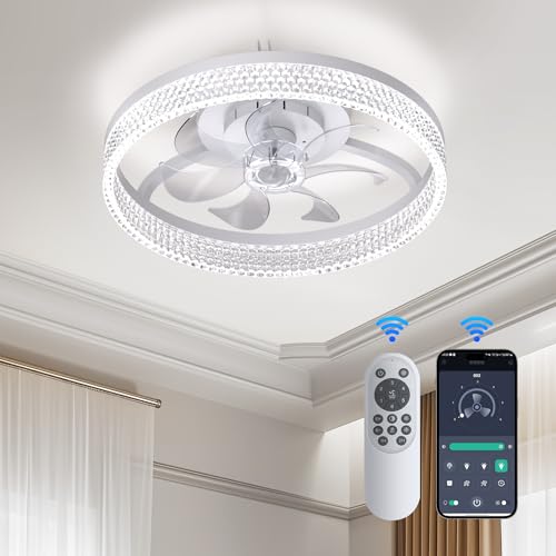 fenhua Ceiling Fans with Lights and Remote:Low Profile Ceiling Fanwith Light,6 Wind Speeds Modern Smart Ceiling Fan 20in Bladeless Ceiling Fan Flush Mount for Bedroom, Kids Room and Indoor (White)