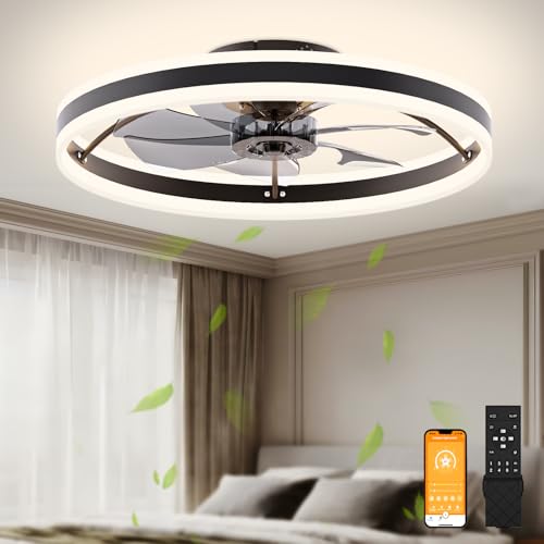 VOLISUN Low Profile Ceiling Fans with Lights and Remote, 23.6in Fandelier Ceiling Fan Flush Mount, 3000K-6500K Smart Bladeless LED Fan Light, Black Modern Ceiling Fans with Lights for Bedroom