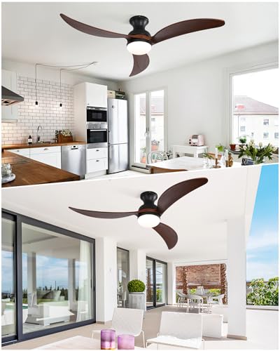 CACI Mall 52" Flush Mount Ceiling Fan with Lights Remote Control, Smart Wifi Low Profile Ceiling Fan 3 Solid Wood Blades, Noiseless Reversible DC Motor Dimmable LED 5182 CFM for Kitchen, Porch, Patio