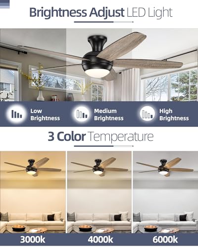 YOUKAIN Low Profile Ceiling Fan With Light, 52 Inch Smart Ceiling Fan With Light, Indoor/Outdoor Black Flush Mount Ceiling Fan With Remote & App Control, 52-YJ236-BKN