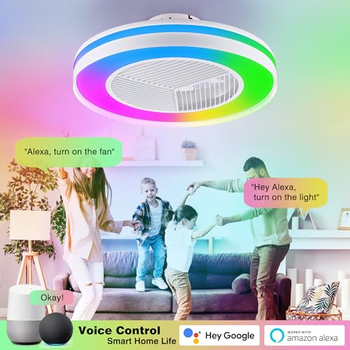 HUMHOLD Smart Low Profile Ceiling Fan with RGB Lights, 20" Bladeless Ceiling Fans with Voice/APP/Remote Control, Dimmable Color Chaning LED-RGB Ceiling Fan for Kids Bedroom Living Room White
