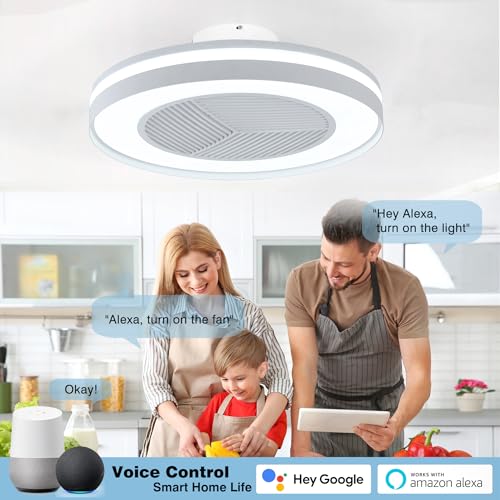 HUMHOLD Smart Low Profile Ceiling Fan with RGB Lights, 20" Bladeless Ceiling Fans with Remote/Voice/APP Control, Dimmable LED Ceiling Fan for Bedroom Living Room White