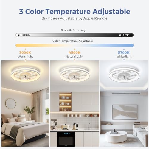 Modern Ceiling Fans with Lights: 19" Low Profile Ceiling Fan for Bedroom with Quiet DC Motor-Flush Mount Ceiling Fan with Remote Control Dimmable LED Bladeless Ceiling Fans for Indoor/Living Room