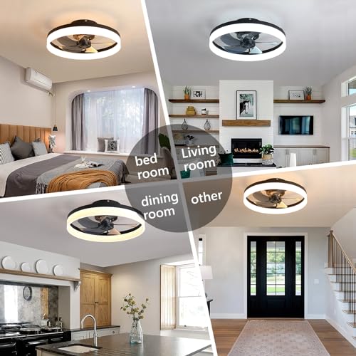ACFBGFV Modern Ceiling Fans with Lights,20" Dimmable Flush Mount Low Profile Ceiling Fans with Remote Control,Indoor Smart Ceiling Fan with Light for Bedroom(black