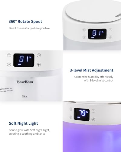 HawKam Humidifiers for Bedroom Home, (4L Water Tank) Top-filled Smart Quiet Cool Mist Humidifiers for Large Room, 360°Nozzle & Nightlight, 30H Runtime Air Humidifiers for Baby Nusery,Offices,Plants