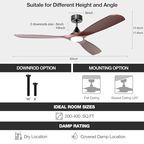 60 Inch Ceiling Fan with Lights, Solid Wood Blades Smart Ceiling Fan with Remote and App Controls, ETL Quiet DC Motor 6 Speed, Timing, High CFM, Dimmable LED Light for Home Office, Black + Red Walnut