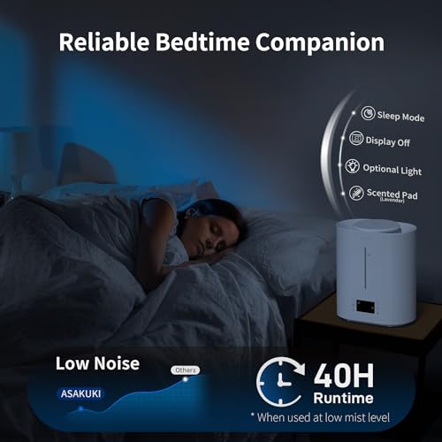 ASAKUKI Humidifiers for Bedroom Home, 4L Top Fill Ultrasonic Cool Mist Humidifiers for Baby Nursery & Plants Indoor, Adjustable Humidity Control, Auto Mode, Quiet Sleep Mode, Humidifier Tank Cleaner
