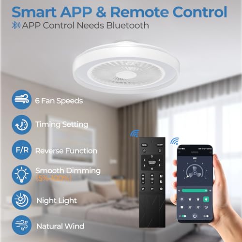 Modern Ceiling Fans with Lights - 19 inch Low Profile Enclosed Flush Mount Led Ceiling Fan with Lights Dimmable Reversible Smart Fandelier Ceiling Fans for for Bedroom Living Room Kitchen Home Indoor