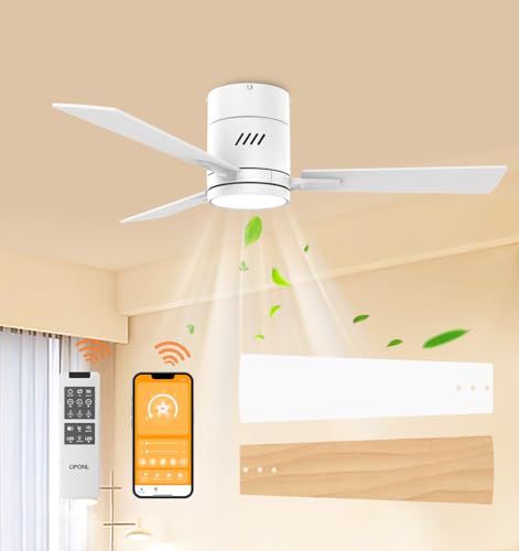OPONL White 42 inch Ceiling Fan with Light, Remote Control, Flush Mount, Noiseless, Reversible, 6CCT, Dimmable, 6 Speeds, Timeable, Low Profile Ceiling Fan with Light for Bedroom, indoor/outdoor