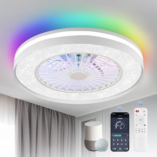 ZMISHIBO 20 inch Smart Wifi&Bluetooth Enclosed Ceiling Fan With RGBCW Light, Modern Bladeless Ceiling Fan with Alexa/Google Assistant/Remote Control For Bedroom(Timing，3000-6000K，6 Speeds)