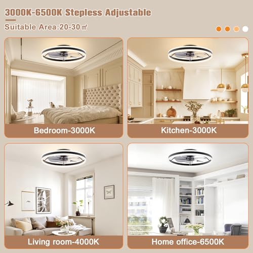 VOLISUN Low Profile Ceiling Fans with Lights and Remote, 23.6in Fandelier Ceiling Fan Flush Mount, 3000K-6500K Smart Bladeless LED Fan Light, Black Modern Ceiling Fans with Lights for Bedroom