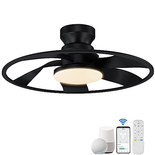 Hoenofly 22” Smart Low Profile Ceiling Fans with Lights Remote,Quiet DC Motor,Bladeless Flush Mount Ceiling Fan Controlled by WiFi Alexa App,Modern Black for Small Indoor Bedroom Outdoor Patio
