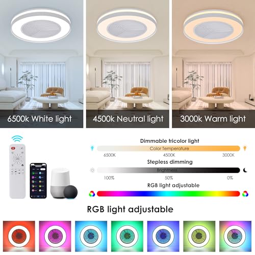 HUMHOLD Smart Low Profile Ceiling Fan with RGB Lights, 20" Bladeless Ceiling Fans with Remote/Voice/APP Control, Dimmable LED Ceiling Fan for Bedroom Living Room White